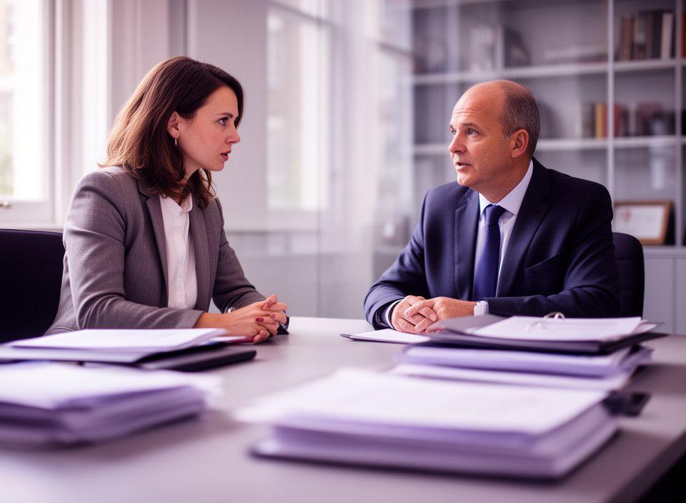 Solicitor speaking with a client in a Bloomsbury office meeting room beside neatly arranged contract files