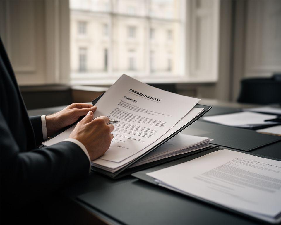 Solicitor reviewing a confidential contract file in a calm London office with natural light